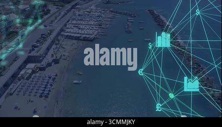 Overlaying neon-blue network showing financial data over beach umbrellas and boats, copy space Stock Photo