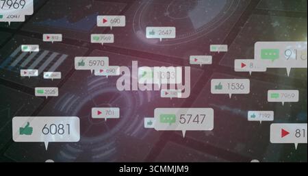 Displaying floating notification bubbles over grid interface, with HUD graphics, circuit patterns Stock Photo
