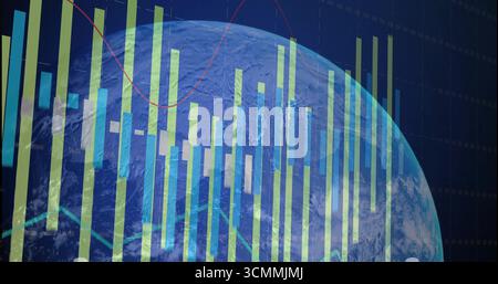 Displaying 3D Earth globe overlaying bar columns over dark grid backdrop with red trend line Stock Photo