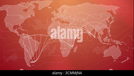 Displaying world map routing via white dotted lines on digital canvas, with hexagons and gridlines Stock Photo