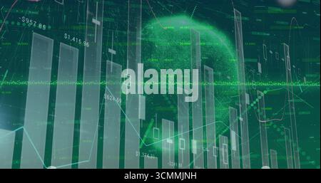Displaying bar charts, candlestick and line graphs on trading platform showing price labels, sphere Stock Photo
