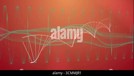 Displaying abstract waveform featuring white and green dotted curves over red-to-orange gradient Stock Photo