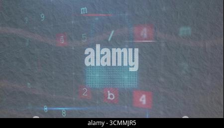 Digital interface overlay appearing on gray wall in dark room, with floating numerals and blue grid Stock Photo