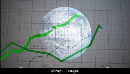 Displaying bold, thin green trend lines traversing Earth globe on grid display, with numeric labels Stock Photo