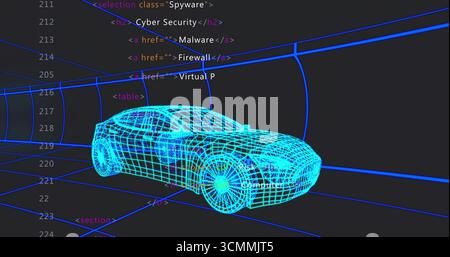 Displaying 3D wireframe car model rotating in code editor view with blue grid tunnel HTML snippets Stock Photo
