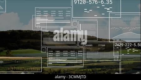 Floating clear panels displaying charts over rural valley fields, with grids and code fragments Stock Photo