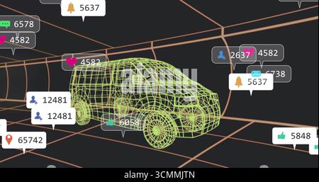 Displaying neon green wireframe SUV model within dark grid room, with floating notification bubbles Stock Photo