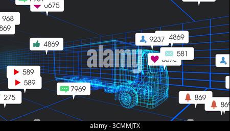 Displaying wireframe semi-truck model and highlighting floating icon callouts within grid space Stock Photo