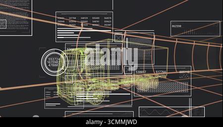 Rendering 3D wireframe forklift model inside cylindrical tunnel, with UI panels and orange beams Stock Photo