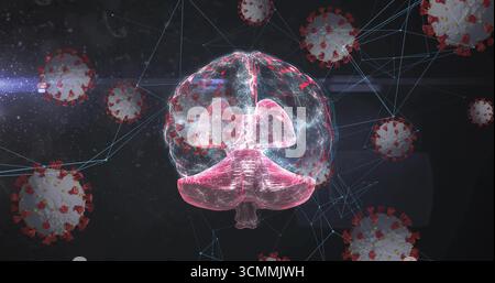Floating brain hologram linking 3D virus models in virtual space, with neon-blue lines Stock Photo