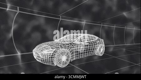 Displaying 3D wireframe car model navigating virtual grid environment, featuring dot mesh walls Stock Photo