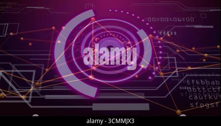 Displaying neon-purple concentric circular HUD on screen, with arc segments and floating code Stock Photo