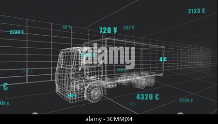 Rotating wireframe semi-trailer truck model floating in grid, displaying turquoise currency values Stock Photo