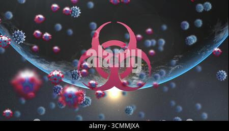 Hovering red biohazard symbol dominating outer space scene, with Earth globe and virus particles Stock Photo