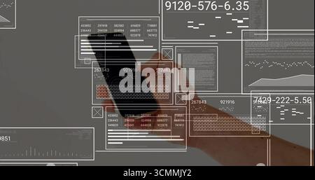 Holding right hand gripping black smartphone at gray backdrop, with floating UI overlays Stock Photo