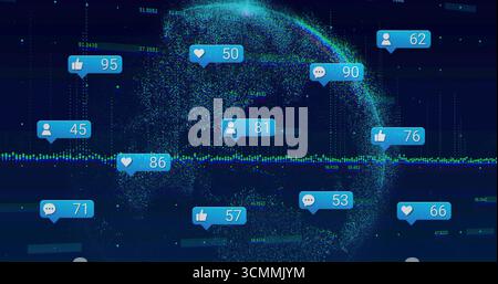 Displaying glowing 3D point-cloud globe on virtual analytics dashboard showing social media metrics Stock Photo