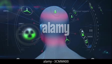 Scanning 3D mesh head glowing pink in UI with holographic rings, eco, hazard and power icons Stock Photo