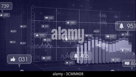 Displaying 3D dashboard forming cube grid in space, with bar chart columns and metric icons Stock Photo