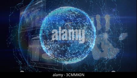 Floating holographic globe rotating in virtual data space, with network mesh and hand silhouette Stock Photo