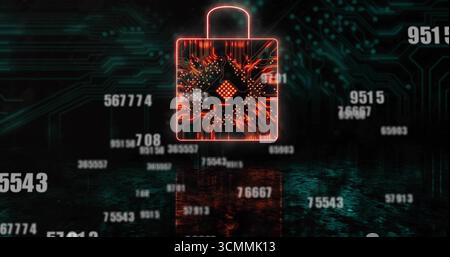 Floating digital padlock glowing in virtual cyberspace, with drifting codes over circuit traces Stock Photo
