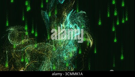 Forming teal gold particle cloud swirling over vertical stripes, with cascading green binary digits Stock Photo