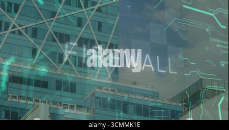 Glass-facade building downtown with beams displaying circuit overlay  and  partial EWALL, cybersecur Stock Photo