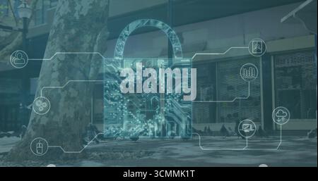 Displaying neon turquoise padlock featuring circuit lines at transit stop, with security icons Stock Photo