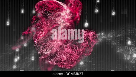 Swirling cloud of pink red particles forming 3D shape in virtual digital space, with binary digits Stock Photo