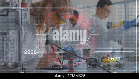 Testing engineer in lab coat probing circuit board at lab bench, with code overlay HUD 2006-2020 Stock Photo