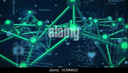 Displaying network connecting green spherical nodes in data network, with code and medical icons Stock Photo