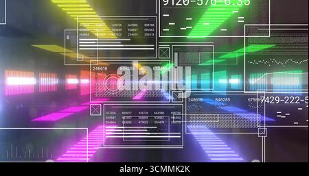 Displaying transparent UI panels presenting numeric charts in digital tunnel, with neon lights Stock Photo
