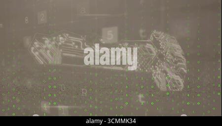 Floating circuit board pattern amid green binary digits, showing faint numeric panels in cyberspace Stock Photo