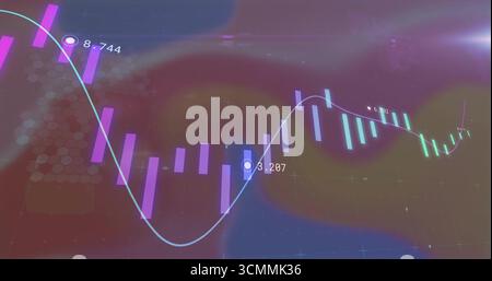 Displaying financial data chart at virtual dashboard, with purple and teal bars and blue trend line Stock Photo