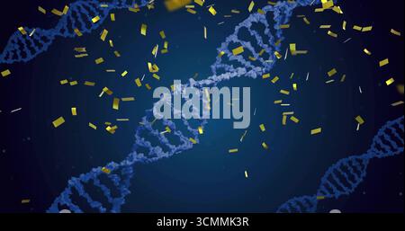 Twisting and floating central blue DNA helix within dark blue field, with gold rectangular confetti Stock Photo