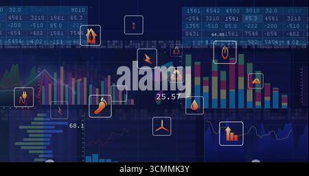 Displaying digital energy dashboard at futuristic interface, showing bar charts and energy icons Stock Photo