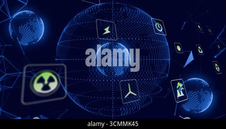 Floating central wireframe globe displaying neon-green energy icons in dark virtual network space Stock Photo