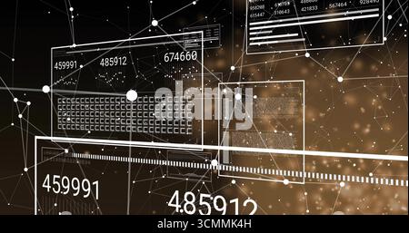 Displaying abstract data visualization in digital network simulation with panels, connecting nodes Stock Photo