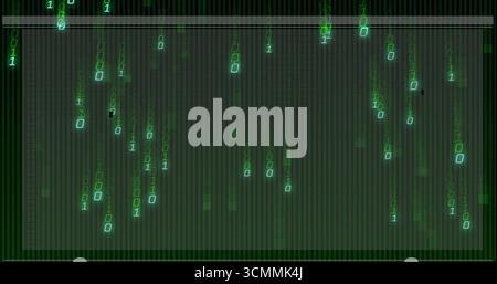 Flowing glowing green binary digits cascading over dark grid backdrop, with digital rain effect Stock Photo