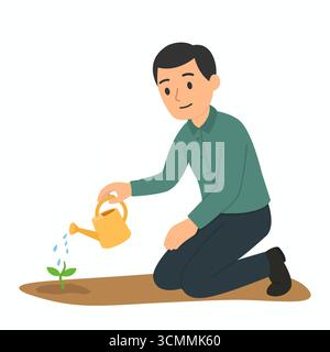 Man watering plant. Growth and sustainability concept Stock Vector