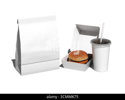 Fast Food Branding Packaging Mockup of Paper Bag Food Box and Paper Cup Stock Photo