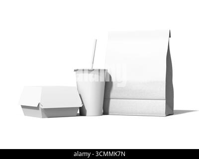 Fast Food Meal Packaging Mockup of Paper Bag Burger Box and Paper Cup Stock Photo