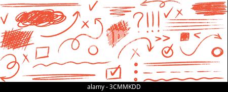 Hand drawn line elements with pencil crayon and chalk brush textures for sketchy design or annotation purposes. Stock Vector