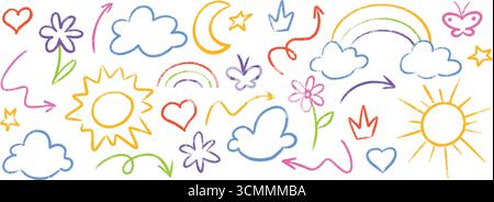 Colorful kid crayon drawings with children hand drawn sun and moon, star and rainbow, cloud and flower Stock Vector