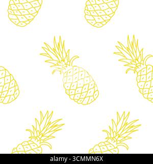Pineapple seamless graphic pattern. Exotic fruit drawing yellow line art isolated on a background in Doodle style. For packaging paper, textile prints Stock Vector