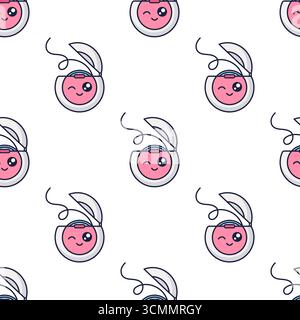 Kawaii dental floss character seamless pattern. Pediatric dentistry concept. Doodle style dental floss texture isolated on white. Oral hygiene concept. Dental cleaning tool Stock Vector