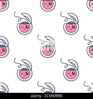 Kawaii dental floss character seamless pattern. Pediatric dentistry concept. Doodle style dental floss texture isolated on white. Oral hygiene concept. Dental cleaning tool Stock Vector
