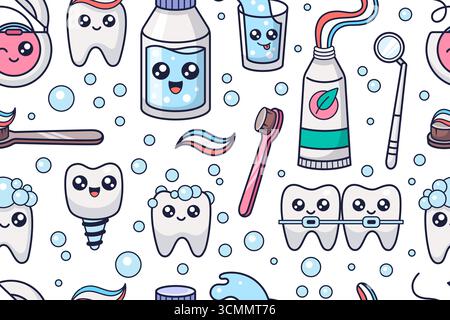 Mouth hygiene kawaii seamless pattern. Stomatology concept illustration. Oral hygiene textile design. Dental cleaning cosmetic. Vector Stock Vector