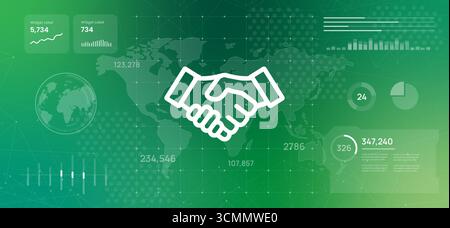 Global business partnerships networking and digital collaboration concept futuristic digital dashboard displaying world map with handshake icon Stock Vector