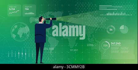 Business outlook vision world map businessman looking through telescope illustration future forecasting trend analysis on a global scale corporate Stock Vector