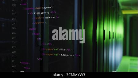 Glowing server racks displaying green LEDs in data aisle with raised tiles, floating code overlay Stock Photo